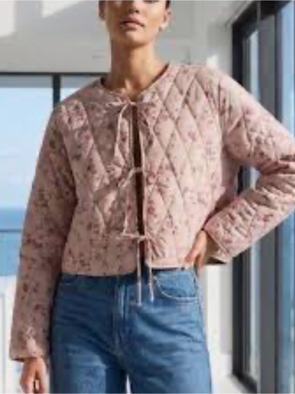 Avec Les Filles Quilted Cotton Floral Tie-Front Cropped Jacket XS,S,L